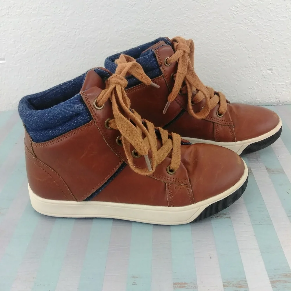Steve Madden Brown Leather Denim Trim Boots Kids Casual Mountain Outdoor Shoes